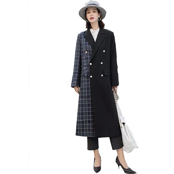 women's new spring korean fashion black plaid stitching long suit workplace double-breasted women's suit, White;black
women's new spring korean fashion black plaid stitching long suit workplace double-breasted women's suit, White;black