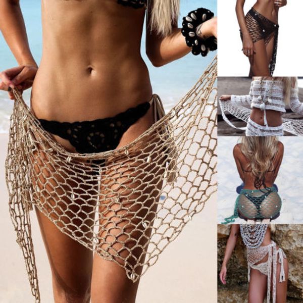 summer women net hollow out crochet triangle bikini cover up with shell beach sarong wrap skirt scarf, Blue;gray
summer women net hollow out crochet triangle bikini cover up with shell beach sarong wrap skirt scarf, Blue;gray