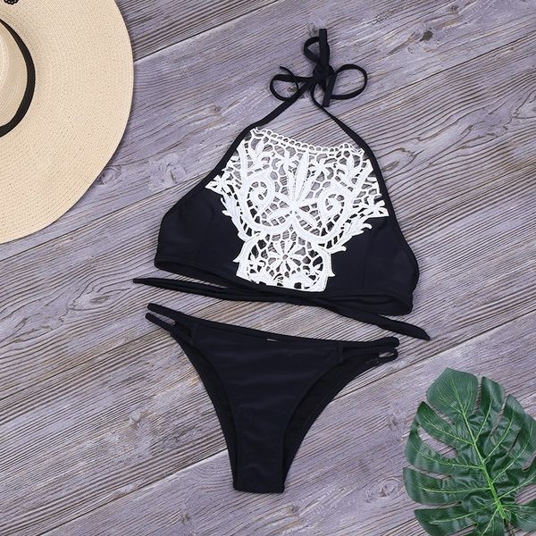 lefeel lace patchwork bikinis set women new swimsuit halter swimwear black bathing suit summer bodysuit biquini, White;black 
lefeel lace patchwork bikinis set women new swimsuit halter swimwear black bathing suit summer bodysuit biquini, White;black