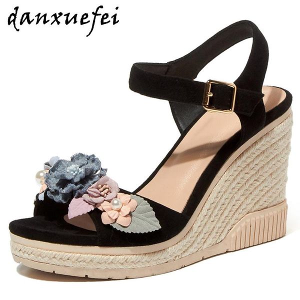 women's genuine leather wedge platform sandals open toe applique flower bohemia style elegant ladies high heels summer shoes hot, Black
women's genuine leather wedge platform sandals open toe applique flower bohemia style elegant ladies high heels summer shoes hot, Black