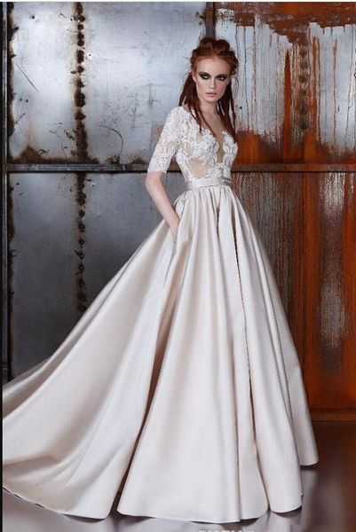 2019 a line wedding dresses with pockets jewel neck half sleeves appliques lace satin buttons wedding gowns vintage bridal dress, White
2019 a line wedding dresses with pockets jewel neck half sleeves appliques lace satin buttons wedding gowns vintage bridal dress, White