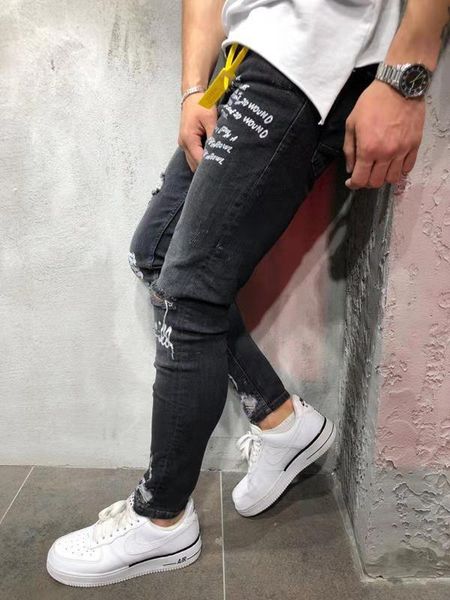 europe and america new style nan shi zhuang elasticity youth skinny with holes printed lettered outside china jeans, Blue
europe and america new style nan shi zhuang elasticity youth skinny with holes printed lettered outside china jeans, Blue