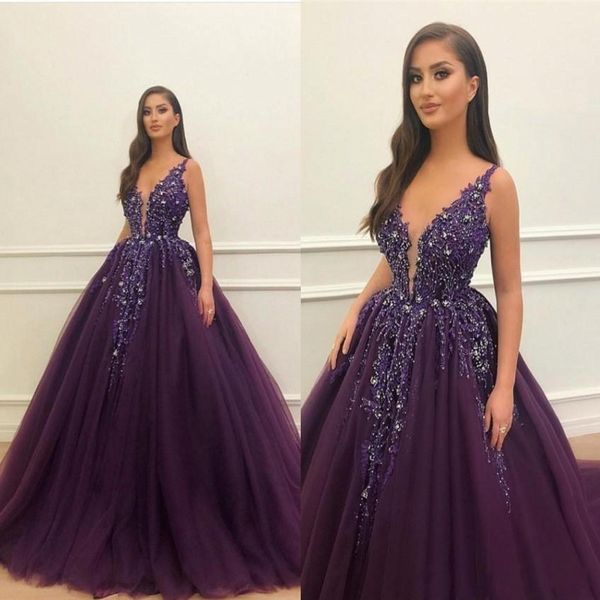 new dark purple ball gown prom dresses tulle deep v-neck sequins sweep train custom evening party gowns, Black
new dark purple ball gown prom dresses tulle deep v-neck sequins sweep train custom evening party gowns, Black