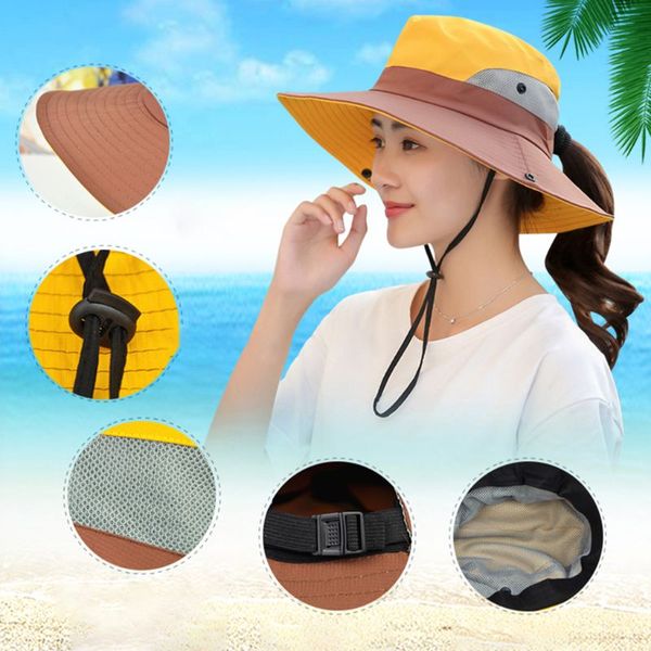 women outdoor uv protection wide brim foldable beach bucket hat mesh patchwork contrast color ponytail fishing cap chin strap, Blue;gray
women outdoor uv protection wide brim foldable beach bucket hat mesh patchwork contrast color ponytail fishing cap chin strap, Blue;gray