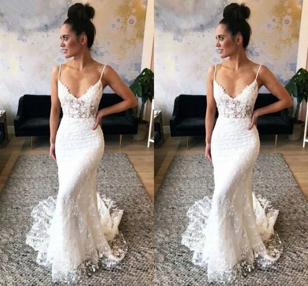 charming boho lace mermaid wedding dresses spaghetti strap backless sweep train wedding dress appliques modest customize bridal gowns, White
charming boho lace mermaid wedding dresses spaghetti strap backless sweep train wedding dress appliques modest customize bridal gowns, White
