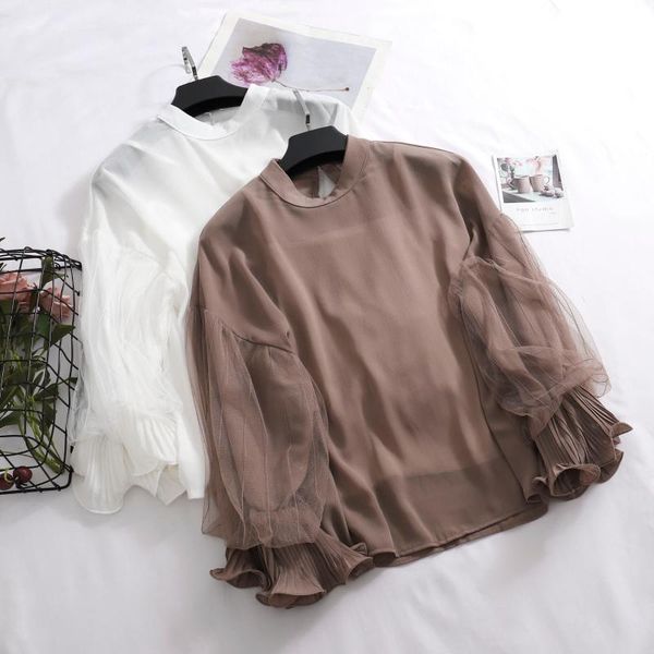 2020 women o-neck puff lantern sleeve ruffle basic pleated chiffon shirt vintage slim high waist mesh gauze pullover blouse, White
2020 women o-neck puff lantern sleeve ruffle basic pleated chiffon shirt vintage slim high waist mesh gauze pullover blouse, White