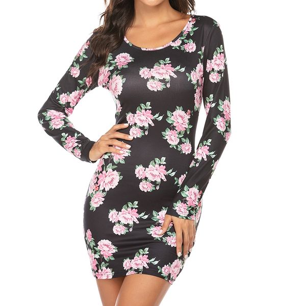 summer package hip skirt printed long sleeve dress, Black;gray