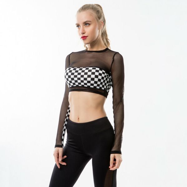women yoga crop sheer mesh fish net long sleeve fitness plaid tank black white patchwork gym shirt sport wear, White;red
women yoga crop sheer mesh fish net long sleeve fitness plaid tank black white patchwork gym shirt sport wear, White;red