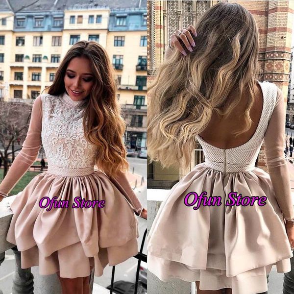 gorgeous champagne high neck long sleeve open back a line cocktail dresses lace appliques ruched tiered satin short mini homecoming dress, Black
gorgeous champagne high neck long sleeve open back a line cocktail dresses lace appliques ruched tiered satin short mini homecoming dress, Black