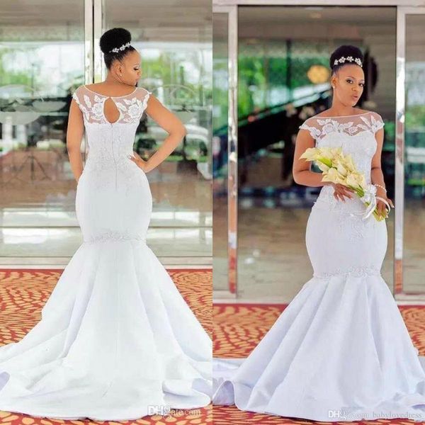south african robe de mariage 2019 mermaid satin wedding dresses cap sleeve lace appliqued plus size wedding gowns sheer neck bridal gowns, White
south african robe de mariage 2019 mermaid satin wedding dresses cap sleeve lace appliqued plus size wedding gowns sheer neck bridal gowns, White