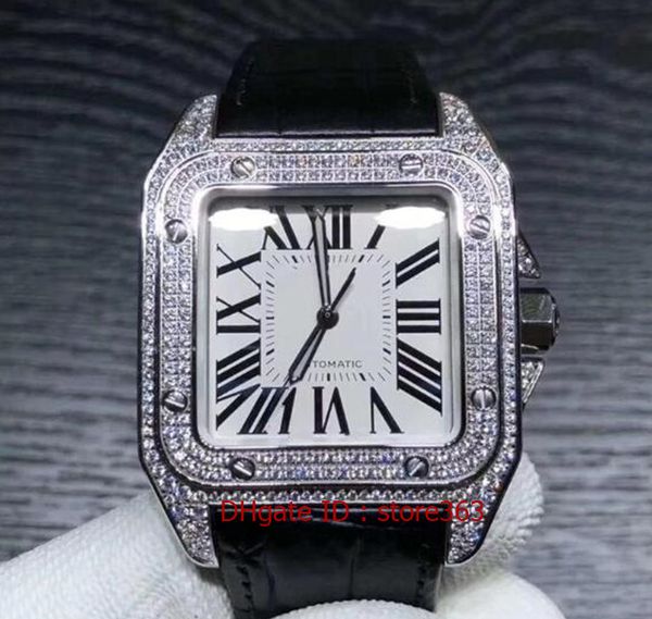 new style automatic movement square 100 watch men full diamond white dial real leather male watch montre homme, Slivery;brown 
new style automatic movement square 100 watch men full diamond white dial real leather male watch montre homme, Slivery;brown