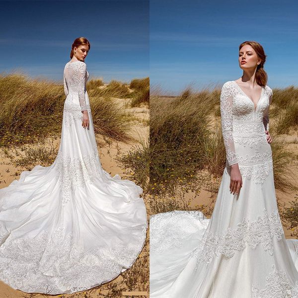 2020 a-line wedding dresses v-neck long sleeves lace appliques bridal gowns custom made button back sweep train wedding dress, White
2020 a-line wedding dresses v-neck long sleeves lace appliques bridal gowns custom made button back sweep train wedding dress, White