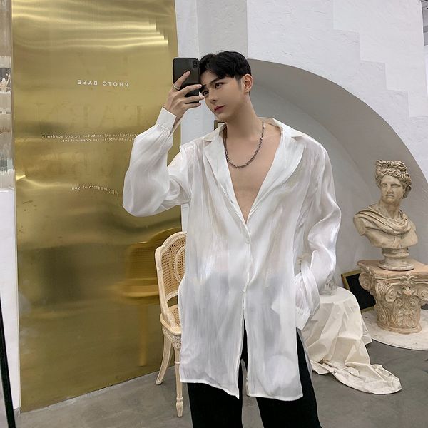 men organza split casual long sleeve shirt male translucent fashion long style white black dress shirts nightclub clothes
men organza split casual long sleeve shirt male translucent fashion long style white black dress shirts nightclub clothes