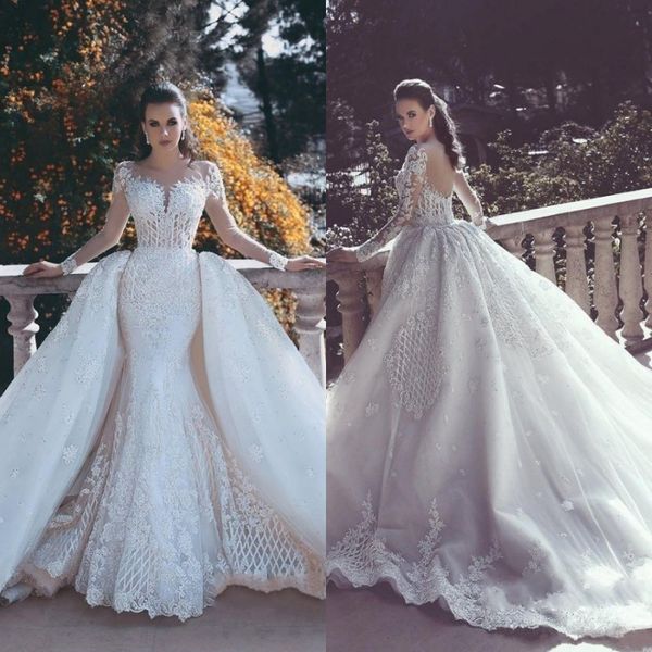 2019 mermaid wedding dresses with detachable train illusion neck sheer long sleeves lace appliuqed diamonds beaded bridal gowns, White
2019 mermaid wedding dresses with detachable train illusion neck sheer long sleeves lace appliuqed diamonds beaded bridal gowns, White