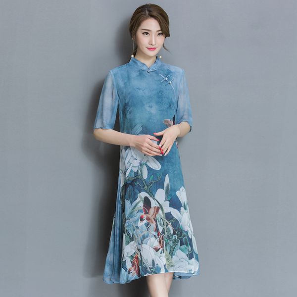 elegant beauty bird floral print women silk dress half sleeve spring chinese style stand collar vintage dresses plus size l-4xl, Black;gray
elegant beauty bird floral print women silk dress half sleeve spring chinese style stand collar vintage dresses plus size l-4xl, Black;gray