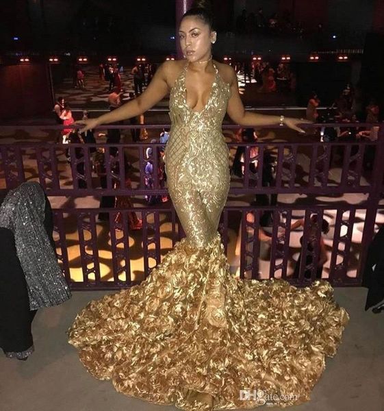 golden lace mermaid long prom dresses 2019 halter sequins applique 3d floral sweep train formal party evening wear gowns ba8147, Black
golden lace mermaid long prom dresses 2019 halter sequins applique 3d floral sweep train formal party evening wear gowns ba8147, Black