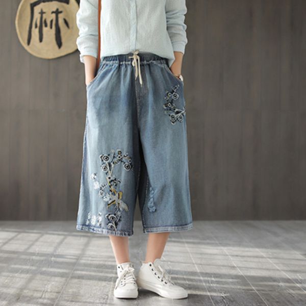 johnature 2019 female casual embroidery drawstring wide leg pants loose denim jeans spring summer new cotton denim jeans, Blue
johnature 2019 female casual embroidery drawstring wide leg pants loose denim jeans spring summer new cotton denim jeans, Blue