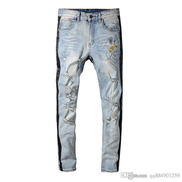 2019 spring korean version slim jeans male striped retro shaved embroidery pants distressed ripped biker designer jeans hip hop size 28-40, Blue
2019 spring korean version slim jeans male striped retro shaved embroidery pants distressed ripped biker designer jeans hip hop size 28-40, Blue