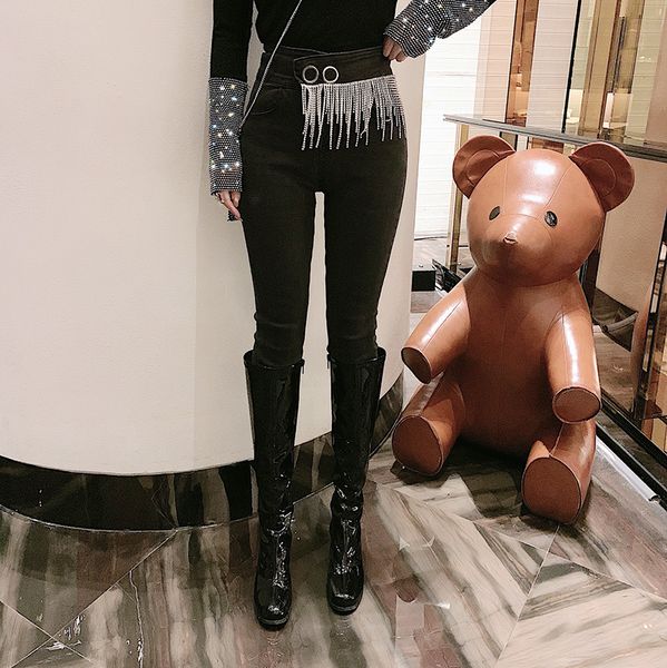 2019 new spring autumn all-match high waist women denim pants diamond chain tassel slim pencil pants full length trousers, Blue
2019 new spring autumn all-match high waist women denim pants diamond chain tassel slim pencil pants full length trousers, Blue