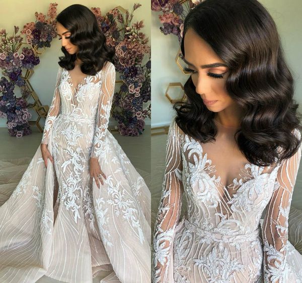 2019 ellie saab mermaid wedding dresses v neck sheer long sleeve lace bridal gown with overskirts saudi arabic wedding dress plus size, White
2019 ellie saab mermaid wedding dresses v neck sheer long sleeve lace bridal gown with overskirts saudi arabic wedding dress plus size, White