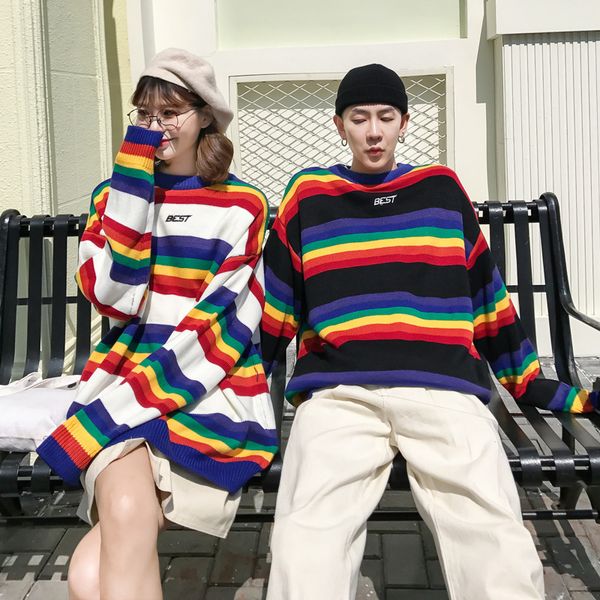 sweater men rainbow striped hit color mens pullover loose high street sweaters fashion knitted male couple sweaters streetwear, White;black
sweater men rainbow striped hit color mens pullover loose high street sweaters fashion knitted male couple sweaters streetwear, White;black