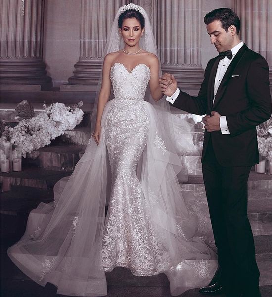 gorgeous mermaid lace wedding dresses with detachable train sweetheart neck beaded bridal gowns appliqued trumpet plus size robe de mariée, White