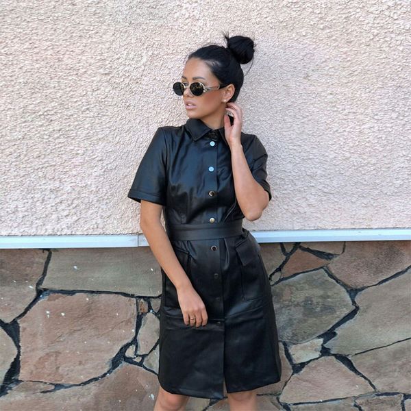 vintage women pu leather dress solid sashes short sleeve sashes lady knee length dresses turn-down collar pockets vestidos, Black;gray
vintage women pu leather dress solid sashes short sleeve sashes lady knee length dresses turn-down collar pockets vestidos, Black;gray