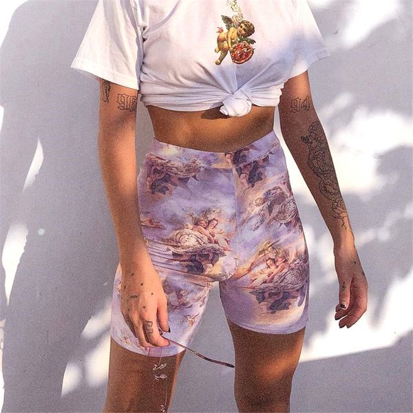 women print angel biker shorts high waist athleisure short pants fitness active wear cycling shorts, White;black
women print angel biker shorts high waist athleisure short pants fitness active wear cycling shorts, White;black