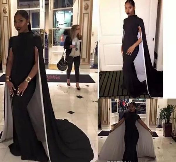elegant mermaid evening dresses plus size high neck black formal prom gowns with capes saudi arabic african party dress, Black;red
elegant mermaid evening dresses plus size high neck black formal prom gowns with capes saudi arabic african party dress, Black;red