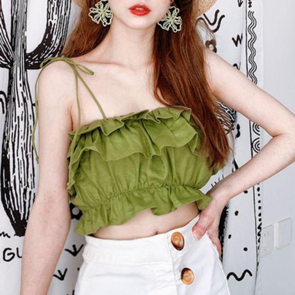 women adjustable shoulder tied camis korean linen 3d three-dimensional ruffled laces exposed navel vest sling tank isn4, White
women adjustable shoulder tied camis korean linen 3d three-dimensional ruffled laces exposed navel vest sling tank isn4, White