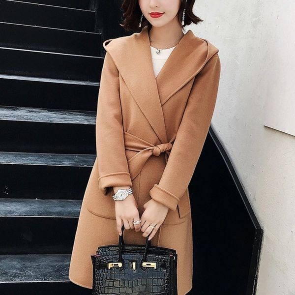 women's wool & blends luxury womens cashmere coat fashion belt hooded outerwear female elegant slim fit long sleeve overcoats p, Black
women's wool & blends luxury womens cashmere coat fashion belt hooded outerwear female elegant slim fit long sleeve overcoats p, Black