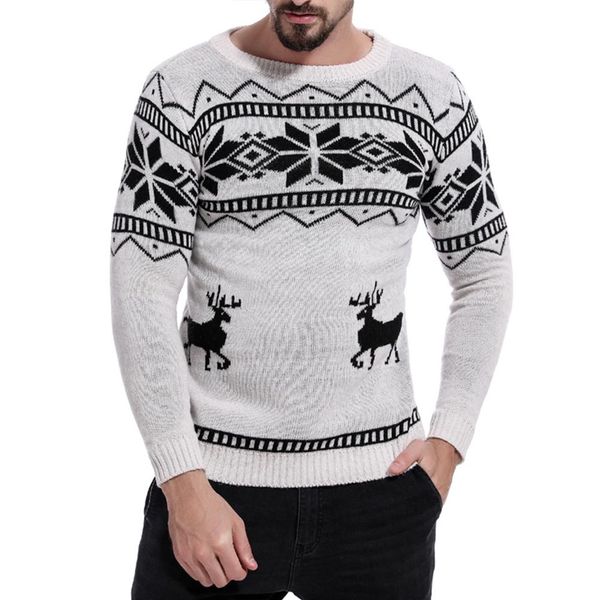 2019 new winter men's sweater color matching deer pattern hollowed out round collar long sleeve pullovers sweater for men, White;black 
2019 new winter men's sweater color matching deer pattern hollowed out round collar long sleeve pullovers sweater for men, White;black