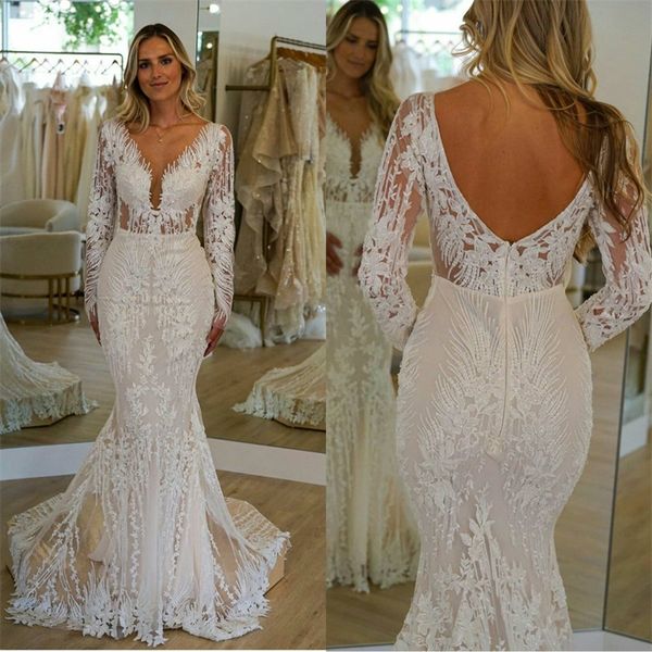 royal elegant long sleeve mermaid wedding dresses appliqued lace beads v-neck bridal gown ruched tulle sweep train vestidos de novia, White