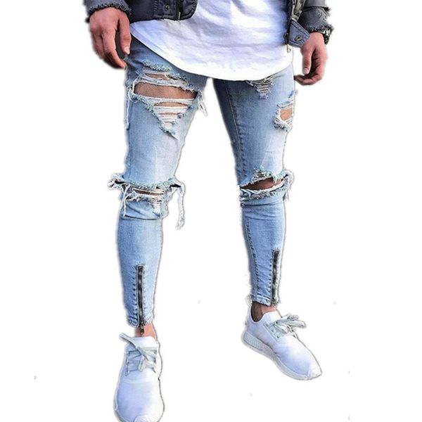 

2019 spring summerjeans men big hole distressed ripped slim moto biker denim beggar jeans skinny frayed pencil pants g3p2, Blue