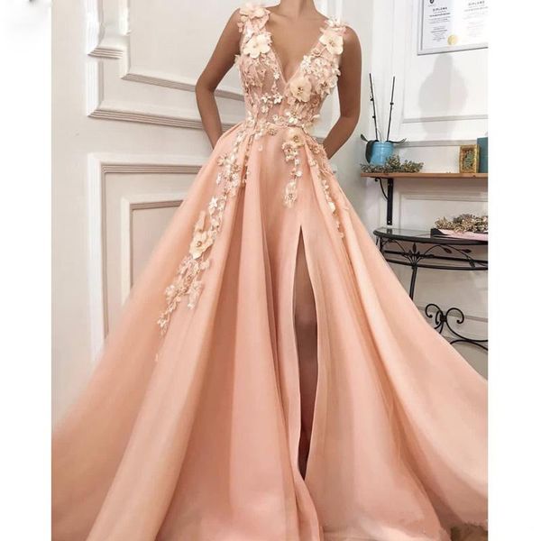 side split pink prom dresses lace 3d floral appliqued deep v neck evening gowns vintage tulle a line formal party dress, Black
side split pink prom dresses lace 3d floral appliqued deep v neck evening gowns vintage tulle a line formal party dress, Black