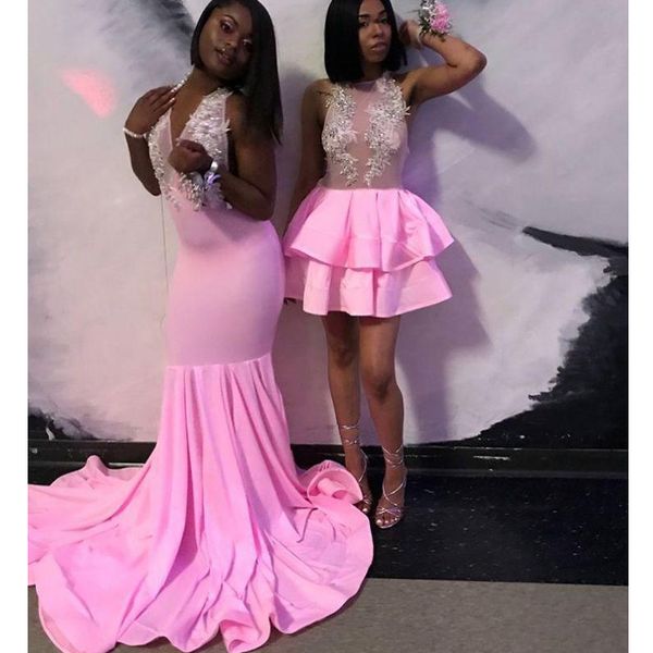 pink prom dresses new mermaid beading lace open back formal evening dress short piece illusion party gowns custom made, Black
pink prom dresses new mermaid beading lace open back formal evening dress short piece illusion party gowns custom made, Black