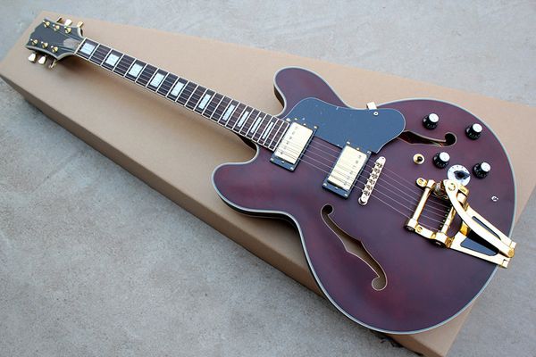 big rocker semi-hollow body and double f-hole for wine red electric guitar,matte dark reddish brown,qtp 5,hh pickups and golden hardwares
big rocker semi-hollow body and double f-hole for wine red electric guitar,matte dark reddish brown,qtp 5,hh pickups and golden hardwares