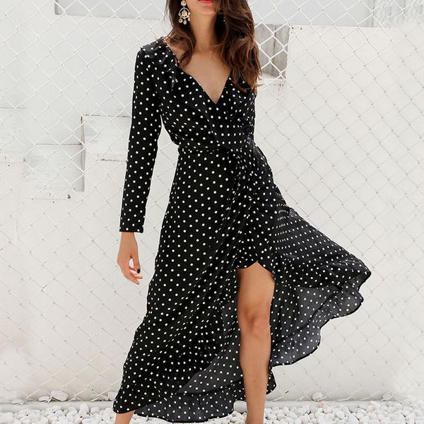 women summer dress 2020 black polka dot long dress fashion vocation ruffle split wrap lady long sleeve holiday, Black;gray
women summer dress 2020 black polka dot long dress fashion vocation ruffle split wrap lady long sleeve holiday, Black;gray