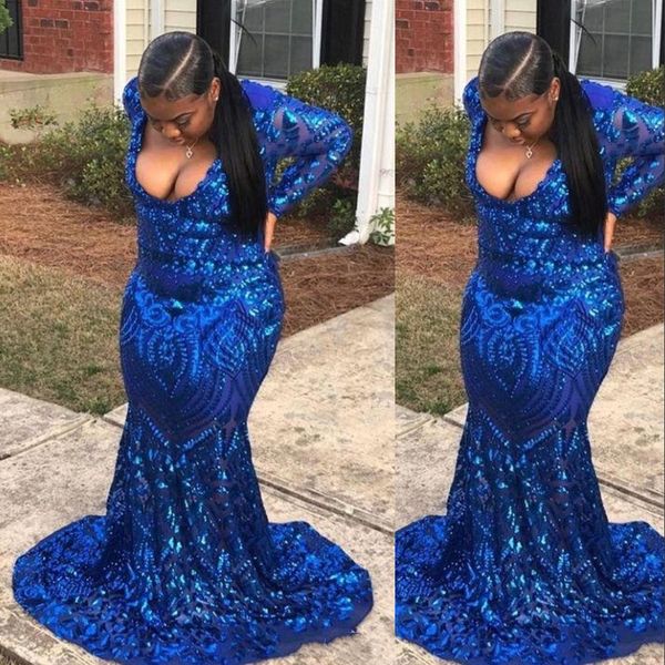 sparkly royal blue sequined mermaid evening dresses wear sequins deep v neck long sleeves backless court train party dress prom gowns, Black;red
sparkly royal blue sequined mermaid evening dresses wear sequins deep v neck long sleeves backless court train party dress prom gowns, Black;red