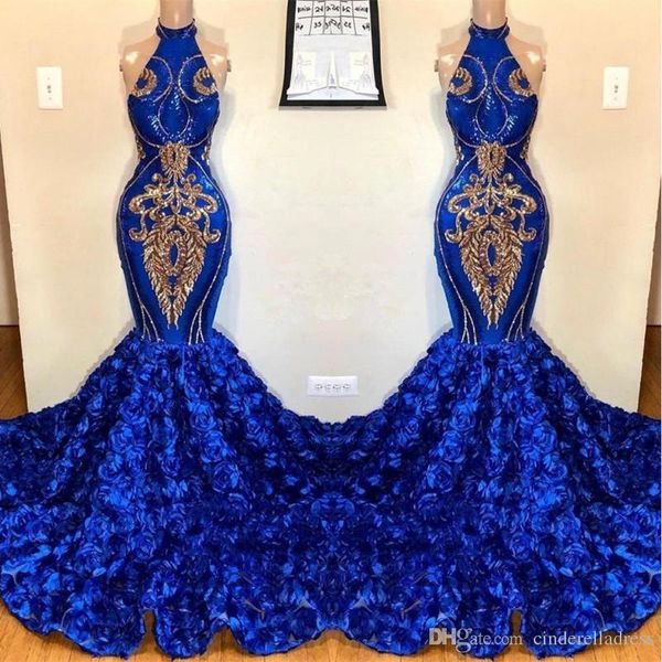 royal blue mermaid prom dresses 2019 rose flowers skirts long chapel train halter african evening gowns gold applique beads formal dress, Black
royal blue mermaid prom dresses 2019 rose flowers skirts long chapel train halter african evening gowns gold applique beads formal dress, Black