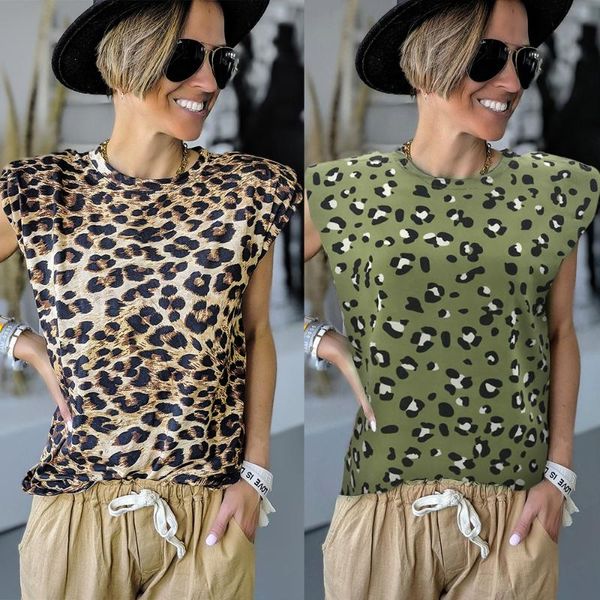 in the summer of 2020 new stylish casual sleeveless leopard print with round neck and shoulder pads printing, White 
in the summer of 2020 new stylish casual sleeveless leopard print with round neck and shoulder pads printing, White
