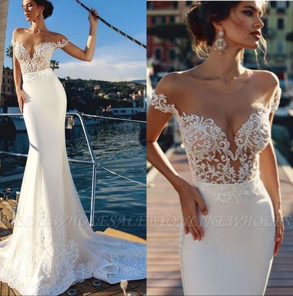 2019 sheer short sleeves lace mermaid wedding dresses tulle applique illusion sweep train summer beach boho wedding bridal gowns bc1507, White