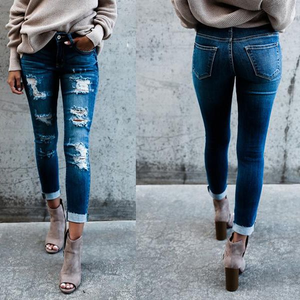 casual skinny jeans women stretch hole slim fit denim leggings pencil pants high waist trousers ripped jeans blue 
casual skinny jeans women stretch hole slim fit denim leggings pencil pants high waist trousers ripped jeans blue