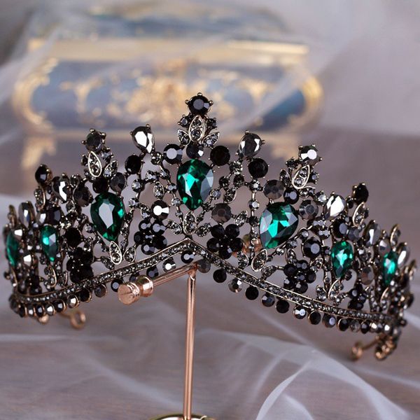 

KMVEXO European Green Crystal Tiaras Vintage Black Rhinestone Pageant Crown Baroque Bridal Wedding Hair Jewelry Accessories Gift