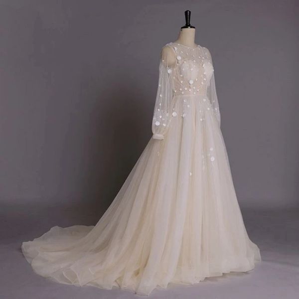 see through champagne wedding dresses 3d flowers decoration lace wedding dresses beaded long sleeve wedding dresses with sweep train, White
see through champagne wedding dresses 3d flowers decoration lace wedding dresses beaded long sleeve wedding dresses with sweep train, White