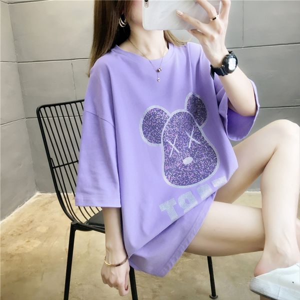 2020 sequins cotton loose sequins small bear large size women's mid-long short-sleeved t-shirt women, White
2020 sequins cotton loose sequins small bear large size women's mid-long short-sleeved t-shirt women, White