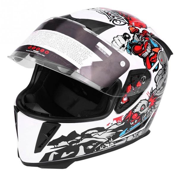 full face motorcycle safety helmet with double lenses white clown pattern helmets motorcycle racing
full face motorcycle safety helmet with double lenses white clown pattern helmets motorcycle racing