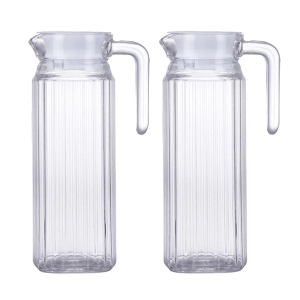 2-pack of 37-ounces glass pitcher with lid, cold water jug, juice and iced tea beverage carafe, striped kettle pot