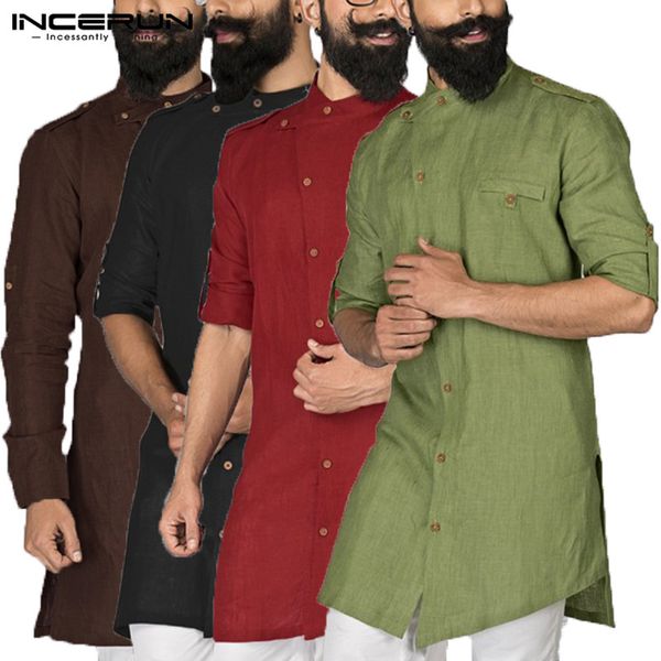 

chic 2019 kurta suits men clothes dress shirt long sleeve button down loose arab islamic clothing chemise kurtas pathani, White;black