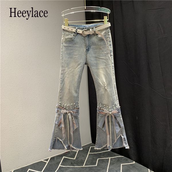 women high waist jeans women ripped cropped jeans irregular beading bow flare denim pants ladies slim bell bottoms, Blue
women high waist jeans women ripped cropped jeans irregular beading bow flare denim pants ladies slim bell bottoms, Blue